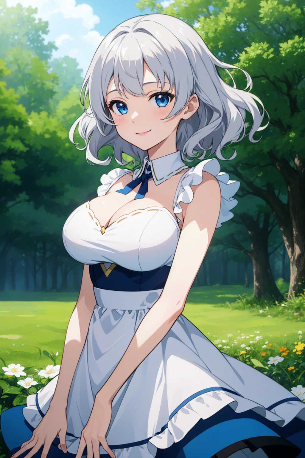 (masterpiece, best quality,) anime screencap, 1girl,
short hair, blue eyes, silver hair, wavy hair, braid, dress, large breasts, smile,
depth of field, forest, field, wind, swirl,