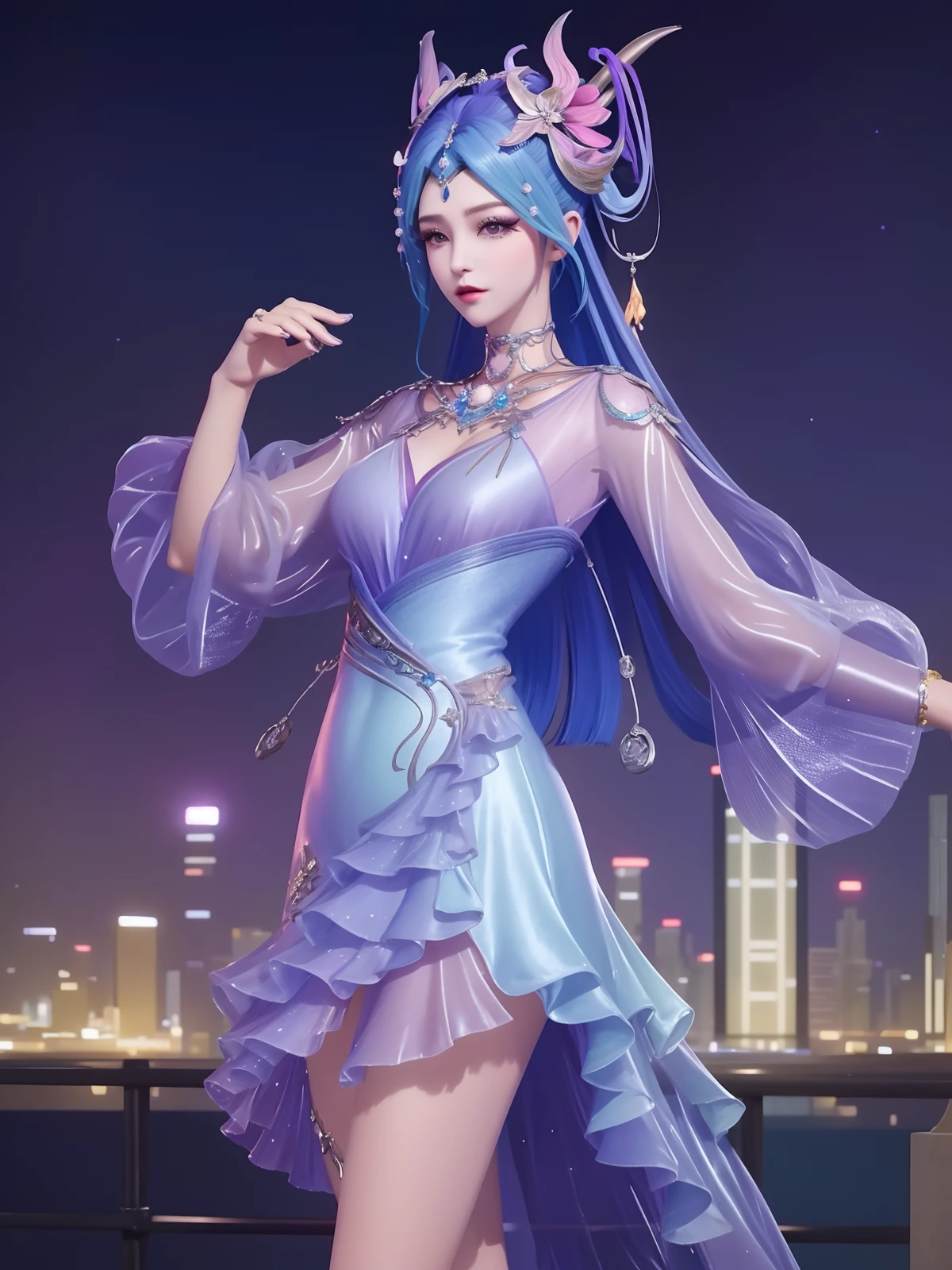 <lora:WZRYdiaochanHQG_20230808165104:0.75>,WZRYdiaochanHQG,1girl,mature female,looking at viewer,cityscape,night,hair ornament,dress,jewelry,long hair,see-through sleeves,metal trim,makeup,eyeshadow,cowboy shot,