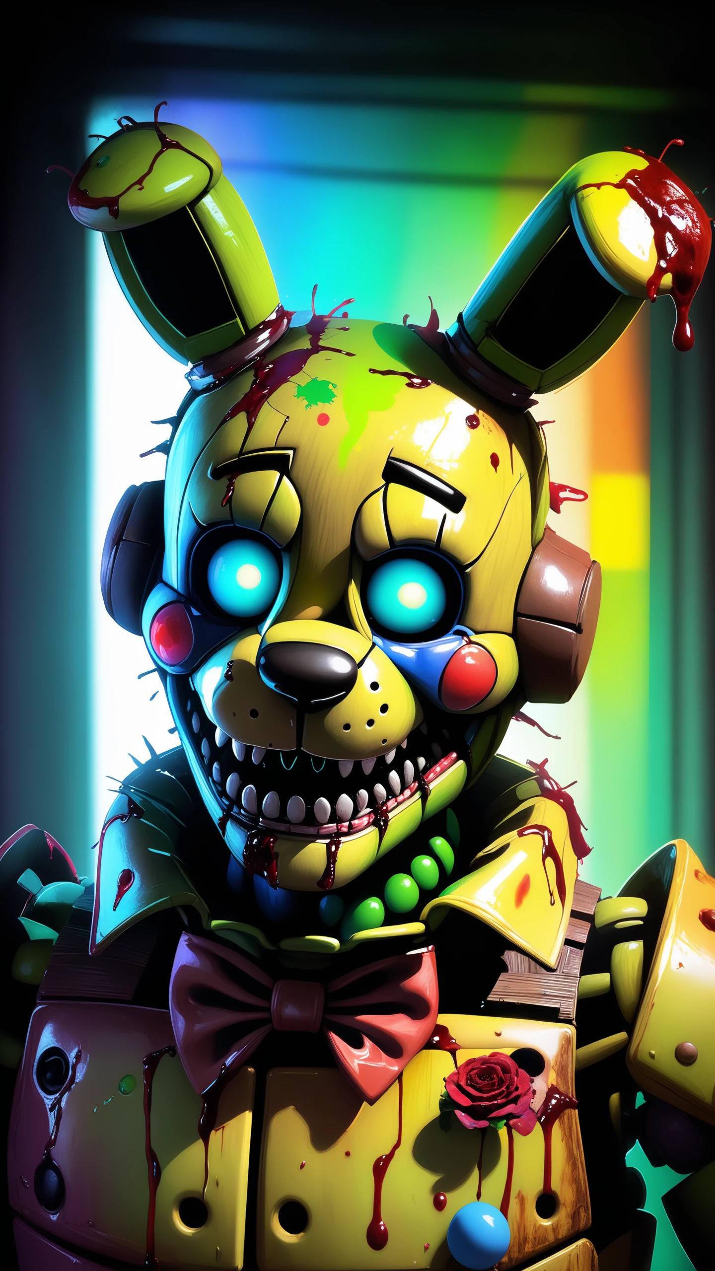 Springtrap, Nightmare Springtrap, realistic springtrap, fnaf springtrap, creepy springtrap, realistic springtrap, rainbow bloody veins growing and intertwining out of the darkness, Springtrap potrait, oozing thick blue blood, sharp neon, veins growing and pumping blood, vascular networks growing, springtrap costume, green veins everywhere, (Muted colors:1.1), (Cross-hatching:1.1), (Infrared:1.2), rust, Hypercube, ultra detailed, intricate, oil on canvas, ((dry brush, ultra sharp)), (surrealism:1.1), (disturbing:1.1), sparks, lensflare, rim lighting, backlighting, dark atmosphere, RTX, post processing, fnaf pizzeria