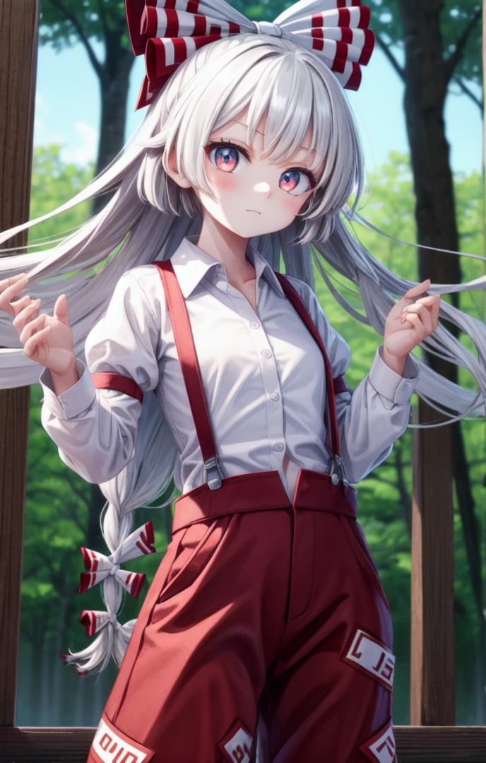 1 girl,cute,(looking at viewer:1.0), adorabel girl,cute face,details sky,handsome,young,juvenile,((masterpiece:1.4,best quality)),multiple details,eyeshadow,sfw, (medium shot:1.5),
gradiant eyes, hazel eyes, (long black lycra pantyhose:1)
lora:add_detail:0.8>, <lora:more_details:0.4>, forest, (night:1.2), frosted trees,
<lora:眼睛双_2:0.4>, <lora:mokou_2:1>,
1girl,very long hair, suspenders, long sleeves,red eyes, white hair, bow,ribbon, hair bow, pants, hair ribbon, shirt, multiple hair bows, fujiwara no mokou