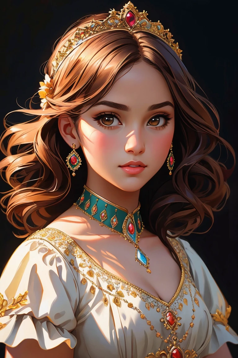 full shot body, most beautiful artwork in the world, (princess),cute girl, professional majestic oil painting, trending on ArtStation, trending on CGSociety, Intricate, High Detail, Sharp focus, sharp image,hd, realistic reflects,dramatic, photorealistic painting art, catoonized, pinterest,