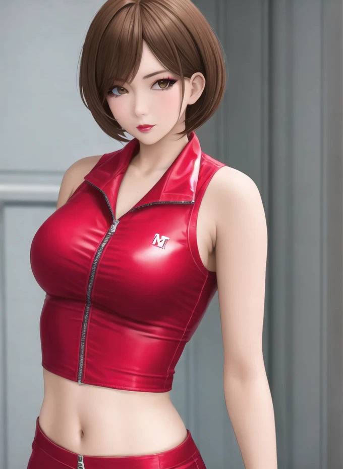 1girl, bare_shoulders, blurry, brown_hair, brown_eyes.  crop_top, red_dress, lips,  looking_at_viewer, makeup, meiko, midriff, red_nails, short_hair, sleeveless, solo,  upper_body, zipper , street background <lora:meiko-lora:0.4>