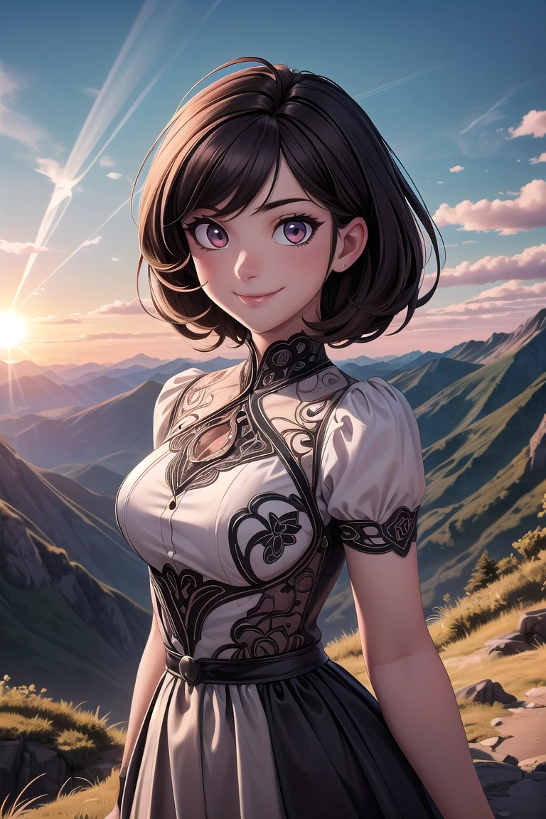 Cowboy Shot, glowing eyes,(masterpiece, best quality:1.4), (beautiful, aesthetic, perfect, delicate, intricate:1.2),(absurdres, highres, ultra detailed),best quality, masterpiece,Dark hair, dark eyes, upper body, sun flare, outdoors, mountain, valley, sky. clouds, smiling,, <lora:more_details:0.5>, <lyco:GoodHands-beta2:0.8>, <lora:AudreyHepburn:0.3>