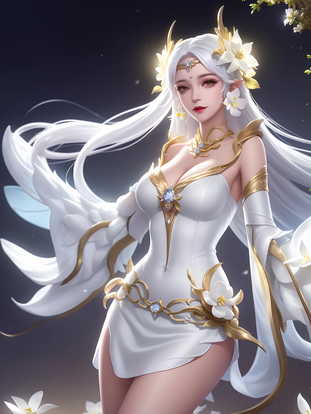 WZRYdiaochanJSZXY,mature female, looking at viewer, cityscape, night, 1girl,white dress,jewelry, detached sleeves,standing, flower, forehead jewel, cowboy shot, hair ornament, hair rings, <lora:WZRYdiaochanJSZXY_20230808184907:0.75>,