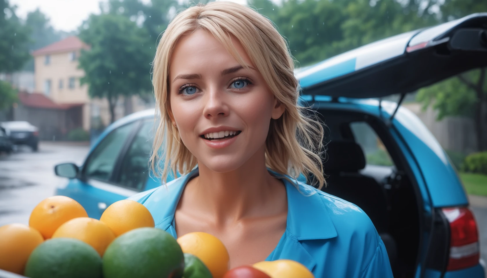 cinematic photo heavy rain, cinematic close-up film still of a (surprised:1.3) 40 year old middle-aged mom with blonde hair, laugh lines, facial detail, blue eyes, SUV lift gate, standing behind her car, loading the car with groceries during a morning monsoon . 35mm photograph, film, bokeh, professional, 4k, highly detailed, Ektachrome, Romantic, Realism, flat lighting, gilded technique, DOF, bokeh