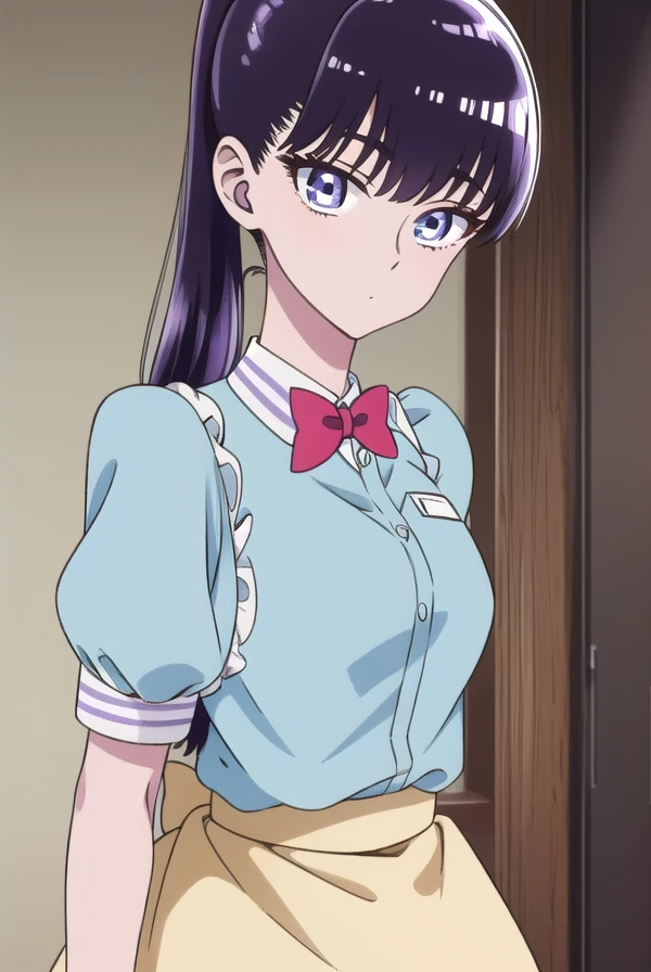 <lora:SUTomoXLpony001>,
smile,parted lips,
solo,
SUTomo,1girl,black hair,purple hair,long hair,bangs,brown eyes,eyewear,
waitress headdress,
waitress,white shirt,turtleneck,pink dress,pink apron,
pencil_skirt,
all fours,
