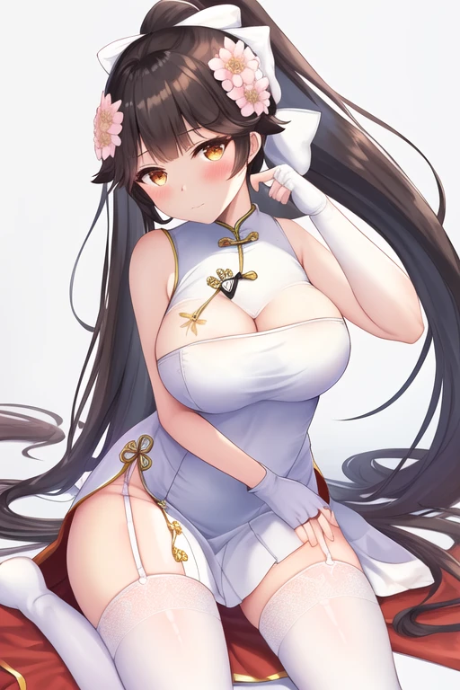 masterpiece, best quality, highres, solo, {takao_azurlane:1.10}, black_hair, long_hair, breasts, ponytail, bow, hair_bow, large_breasts, white_bow, very_long_hair, bangs, hair_flaps, brown_eyes, blush, miniskirt, military, yellow_eyes, sword, 1girl, bare_shoulders, china_dress, chinese_clothes, dress, flower, hair_flower, hair_ornament, looking_at_viewer, pelvic_curtain, thighhighs, white_dress, white_thighhighs, closed_mouth, sitting, sleeveless, white_footwear, cleavage, fingerless_gloves, garter_straps, gloves, sleeveless_dress, thighs, white_background