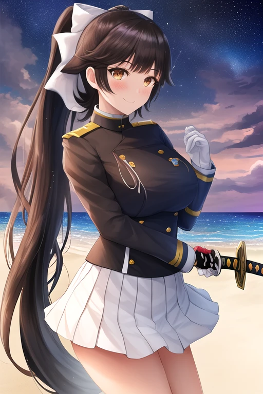 masterpiece, best quality, highres, solo, {night:1.10}, {starry sky:1.10}, beach, beautiful detailed sky, {extremely detailed background:1.20}, {takao_azurlane:1.10}, {standing:1.10}, looking at viewer, {bikini:1.30}, black_hair, long_hair, breasts, ponytail, bow, hair_bow, large_breasts, white_bow, very_long_hair, bangs, hair_flaps, brown_eyes, blush, miniskirt, military, yellow_eyes, sword, light smile