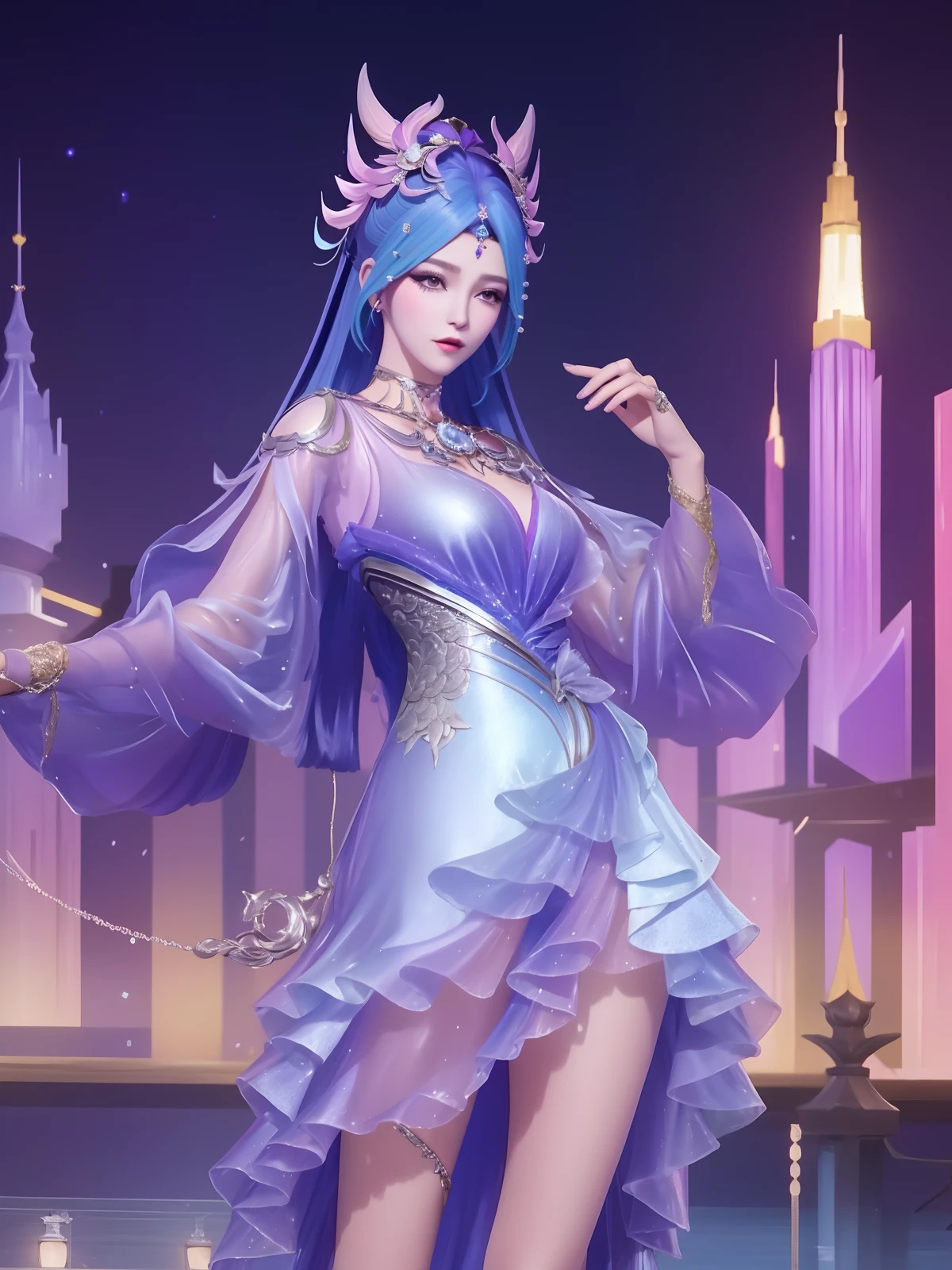 <lora:WZRYdiaochanHQG_20230808165104:0.75>,WZRYdiaochanHQG,1girl,mature female,looking at viewer,cityscape,night,hair ornament,dress,jewelry,long hair,see-through sleeves,metal trim,makeup,eyeshadow,cowboy shot,