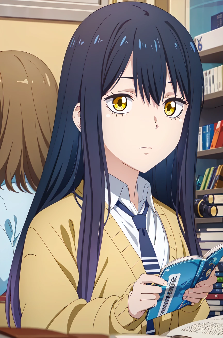 (extremely detailed CG unity 8k wallpaper), (masterpiece), (best quality), (ultra-detailed), (best illustration), (best shadow), (absurdres),  <lora:miko-09:0.7>,miko, long hair, yellow eyes, necktie, school uniform, book, sweater, multiple girls, black hair, blue hair, reading, shirt, blurry<lora:add_detail:0.1>