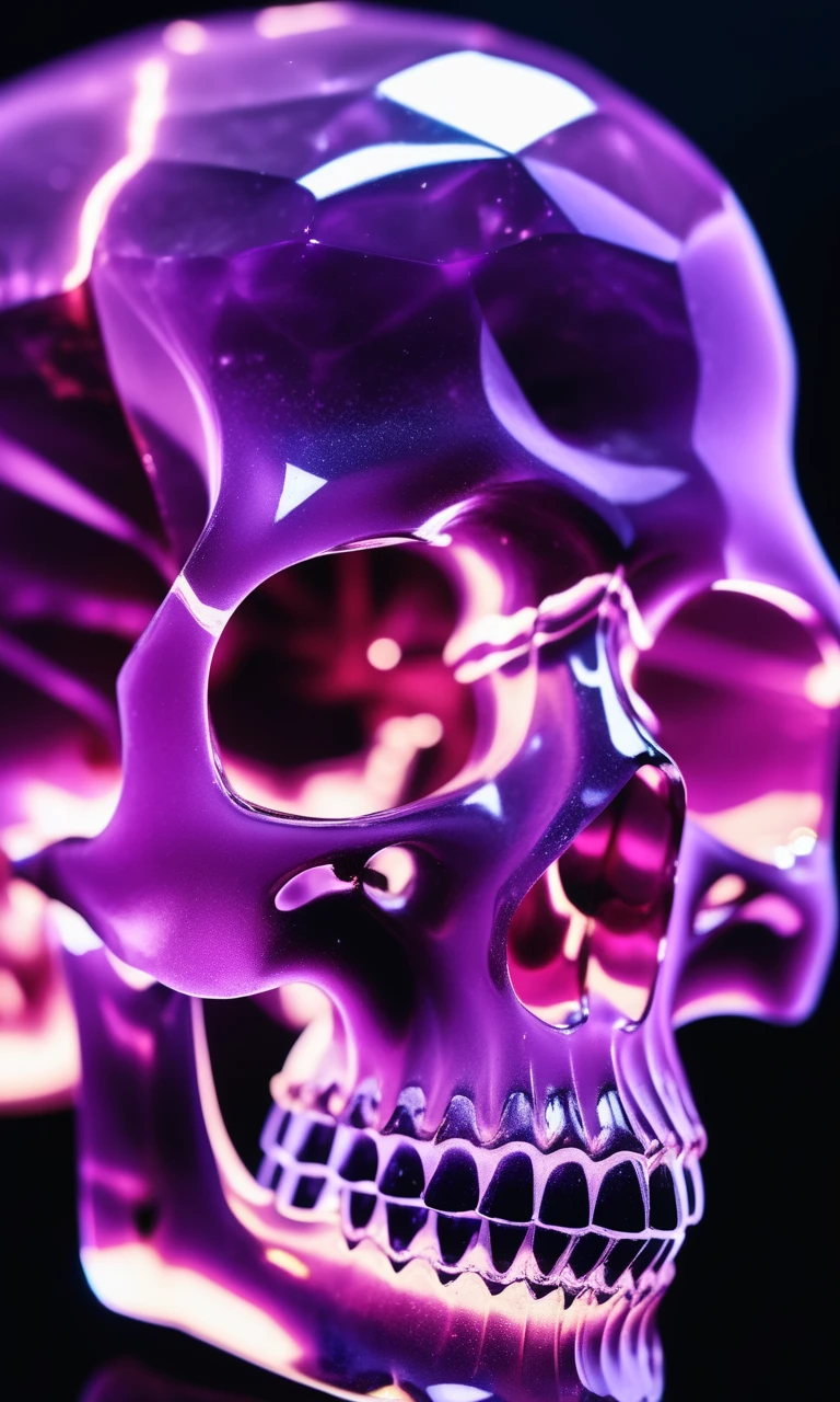 <lora:DreamARTSDXL:1>, Raw photo, 8k uhd, dslr, soft lighting, high quality, film grain, Fujifilm XT3, close up low angle shot beautiful faceted transparent lavender color crystal skull formation with crystals looking out of the skull, cinematic photo, 18mm f/11 photograph, film, bokeh, professional, 4k, highly detailed, colorful,