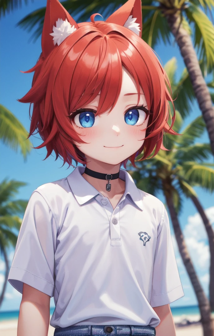 beach, smile, animal ears, multicolored hair,1 boy, male face, male body, more details in eyes, very short hair, hair between eyes, cute, adorable boy, cute face, detailed face, handsome, young, juvenile, colorful hair, white skin, colorful eyes, multicolored eyes, eyeshadow, crew cut, choker, crimson hair, (muscular:0.4)
details sky, ((masterpiece:1.4,best quality)), multiple details, looking at viewer, blush, blue eyes, polo shirt,
(pants:1.5), (shirt:1.5),