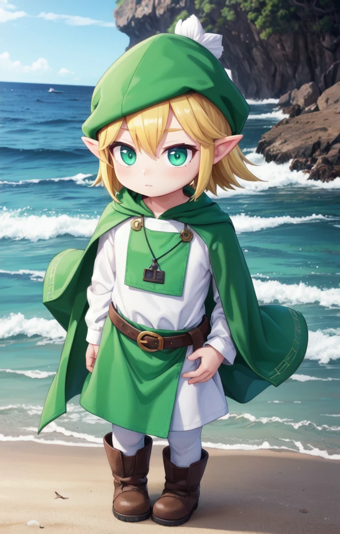 1 boy,more details in eyes,cute,looking at viewer, adorabel boy,cute face,details sky,handsome,young,juvenile,((masterpiece:1.4,best quality)),multiple details,colorful hair,eyeshadow,sfw,
toon link, green pointy headwear, blonde hair, short hair, white leggings, (green tunic:1.4),(long tunic:1.4), brown boots, belt buckle, green skirt, long sleeves, full body, ocean, caustics, beach
<lora:toon_link-V1:0.4>