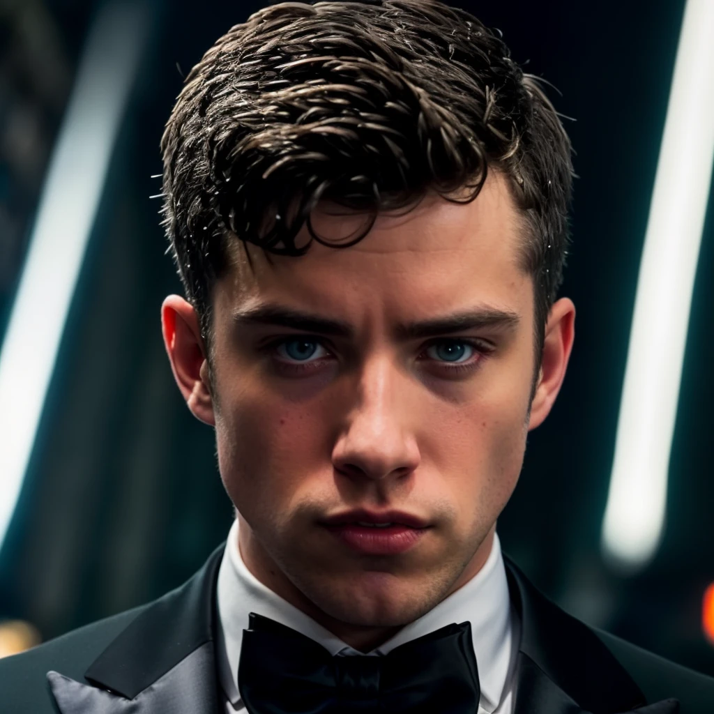 face portrait of isaacrossiter person using a tuxedo, in blade runner, professional photography, high resolution, 4k, detailed photo, <lora:isaacrossiter_24300:1>