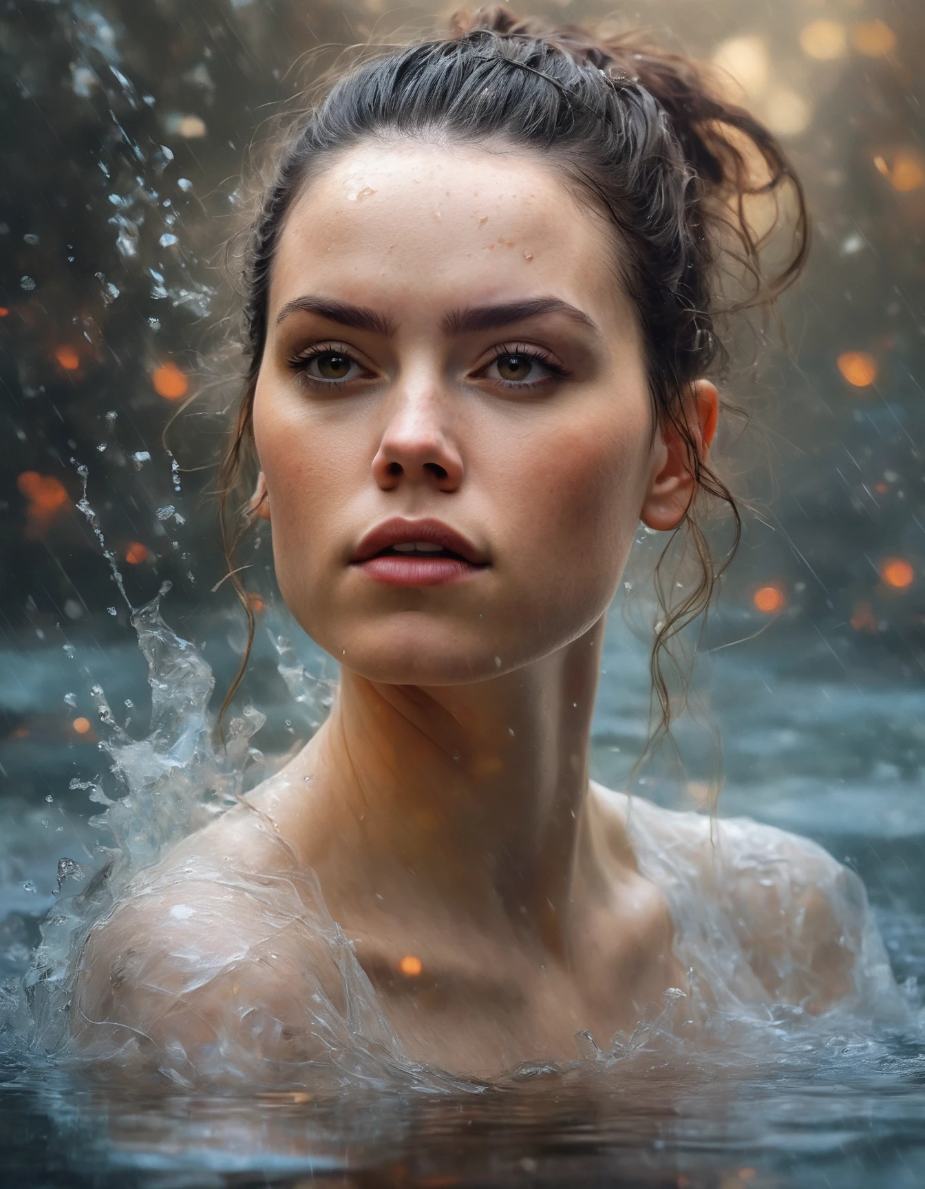 Portrait of a beautiful (ohwx woman) <lora:daisy_lora_sdxl_v1-000008:1> , drenched body, emerging from the water, dark fantasy, regal, fractal crystal, fractal gemstones, by stanley artgerm lau, thomas kindkade, loish, norman rockwell