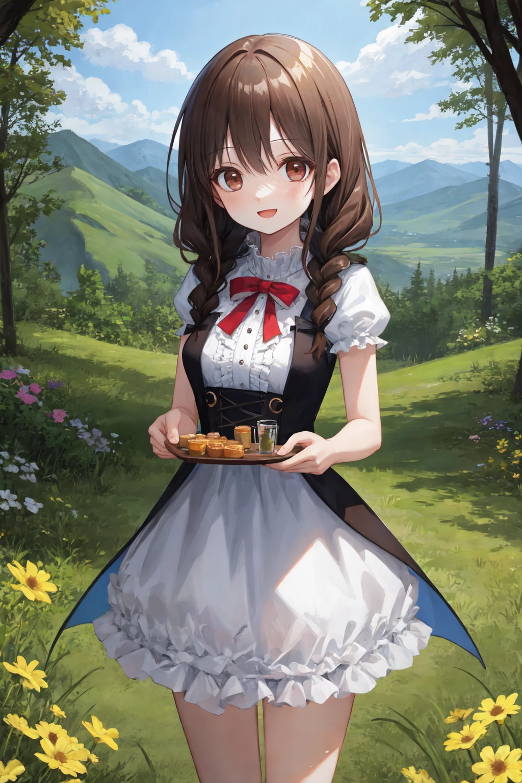 best quality, amazing intricate, cute girl, 
dark brown hair, twin braids, dark brown eyes, (round eyes:1.3), happy, :D, medium breast, 
from front, cowboy shot, standing, 
white dress, 
in the forest, grass, flower, mountain in the distance, sky