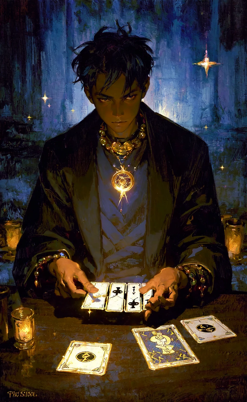 impressionism painting, realistic, 1boy, fortune teller, tarot cards at a table, looking at viewer, dark skin, mystical, magical, glow, glowing, dark magical lighting, moody, cinematic, sparkle, glittering, darkness