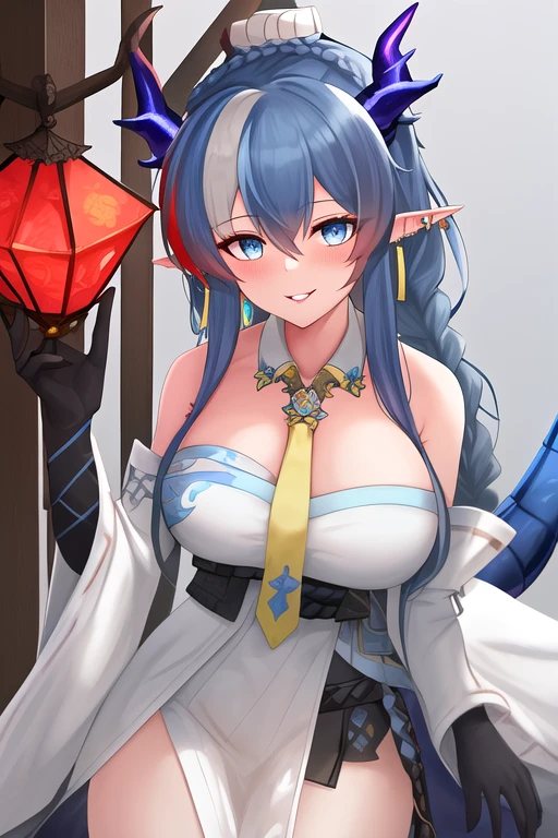 masterpiece, best quality, highres, solo, {ling_arknights:1.10}, blue_hair, horns, long_hair, dragon_horns, pointy_ears, very_long_hair, blue_eyes, breasts, jewelry, earrings, smile, necktie, braid, bangs, dragon_girl, yellow_necktie, multicolored_hair, large_breasts, tail, dragon_tail, parted_lips, streaked_hair, 1girl, gloves, looking_at_viewer, dress, white_dress, wide_sleeves, detached_sleeves, elbow_gloves, hair_between_eyes, holding, long_sleeves