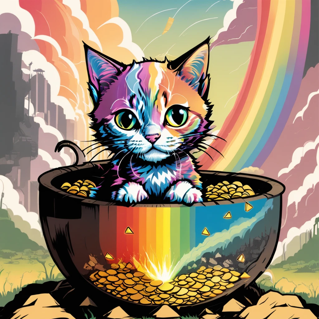 Angst, kitten sitting in a pot of gold at the end of a rainbow