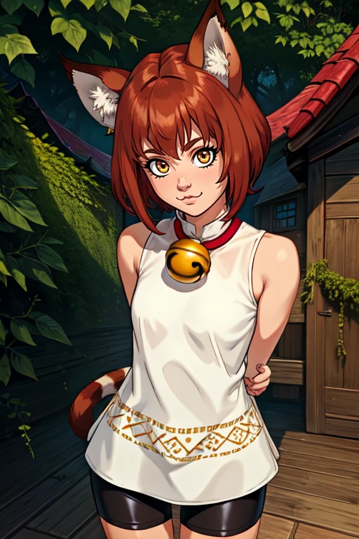 Xiao, long animal ears, short brown hair, tail above buttocks, :3, brown eyes,
Xattire , white sleeveless dress with pattern, black bike shorts, neck bell, fur footwear, fur fingerless gloves,
standing, arms behind back, upper body,facing viewer, leaning forward,
small house, green walls, wood floor,fantasy,
(insanely detailed, beautiful detailed face, masterpiece, beautiful detailed eyes, best quality)
<lora:Xiao-10v4:0.8>