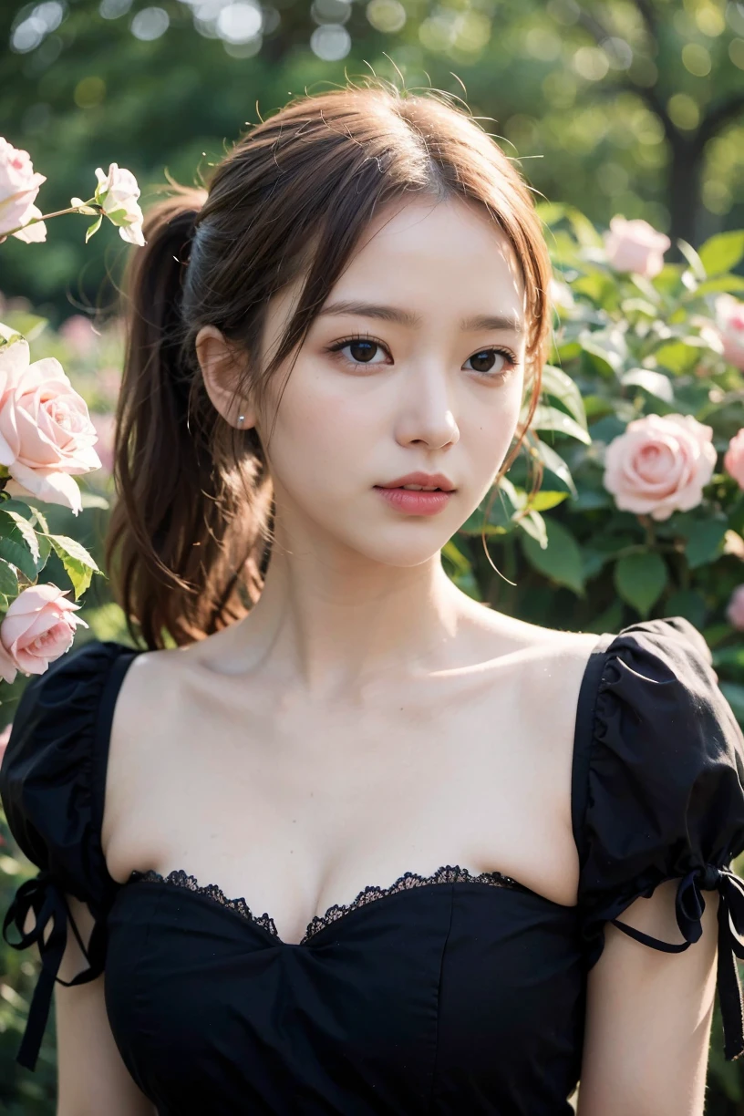 (masterpiece, best quality:1.2), (absurdres, highres, ultra-detailed), (perfect anatomy), BREAK , 1girl, ponytail ,white hair, purple eyes, (dress:1.3), medium breasts, collarbone, flowers and petals, (illustration:1.1), (perfect details:1.1), landscape, background, rose, abstract, , BREAK , -