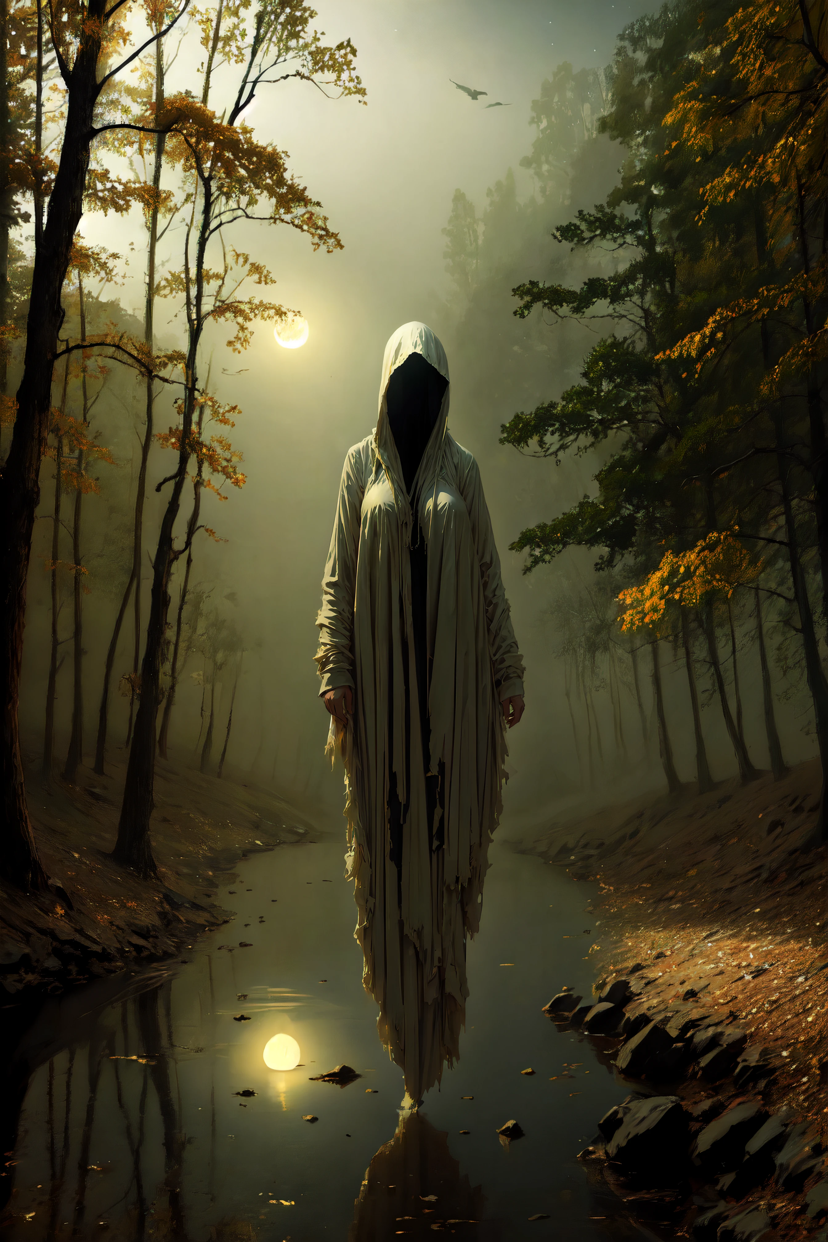 masterpiece, best quality, ultra high res, beautiful, visually stunning, elegant, incredible details,  award-winning art,  <lora:g0s1 - Ghost-000013:0.7>, g0s1, ghost,hood,torn cloak,  faceless,     nature, forest, night, fog, night sky,     1girl, solo, breasts, no humans, floating, white clothes