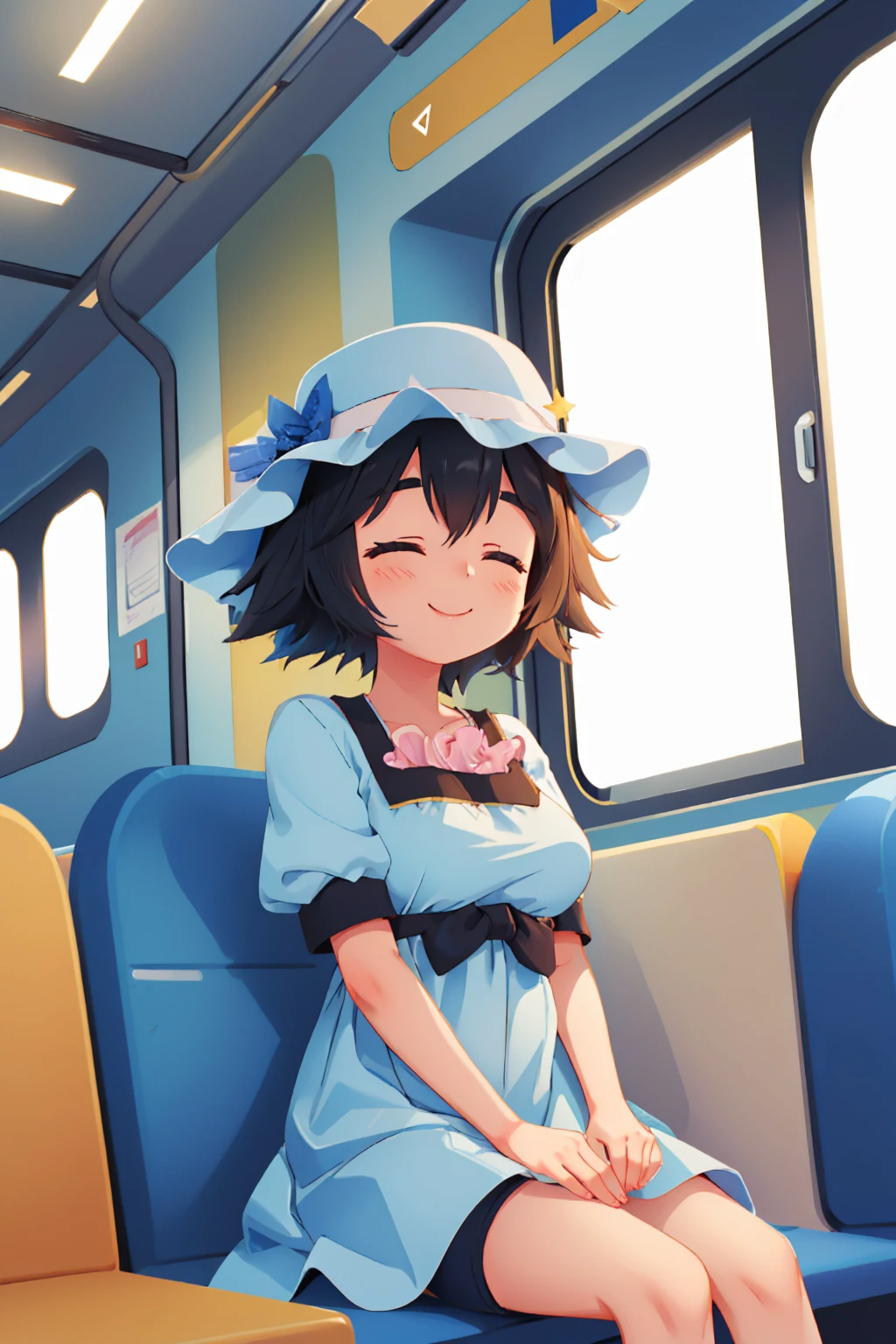 (masterpiece, best quality:1.2), train interior, solo, 1girl, shiina mayuri, happy, smile, looking at viewer, sitting, hat, closed eyes, blue dress, short sleeves <lora:steinsgate_shiina:1.0>