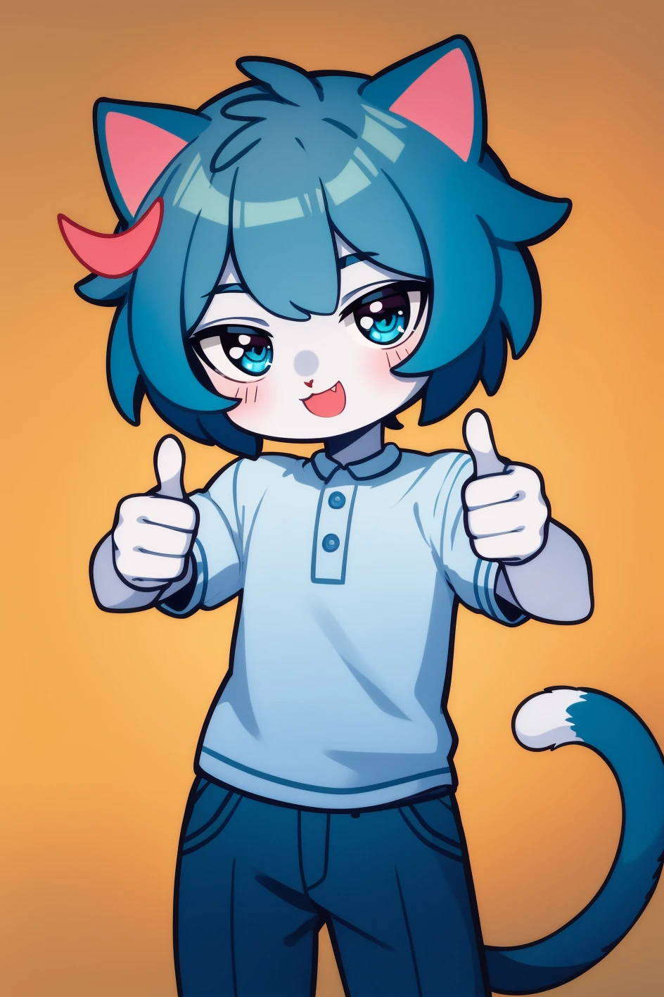 masterpiece, highest quality, cowboy shot, best quality, (1boy:1.2), chibi, (thumbs up:1.1),
sima, cat ears, blue skin color, blue hair, shirt, tail, <lora:my_sima_v1:0.5>