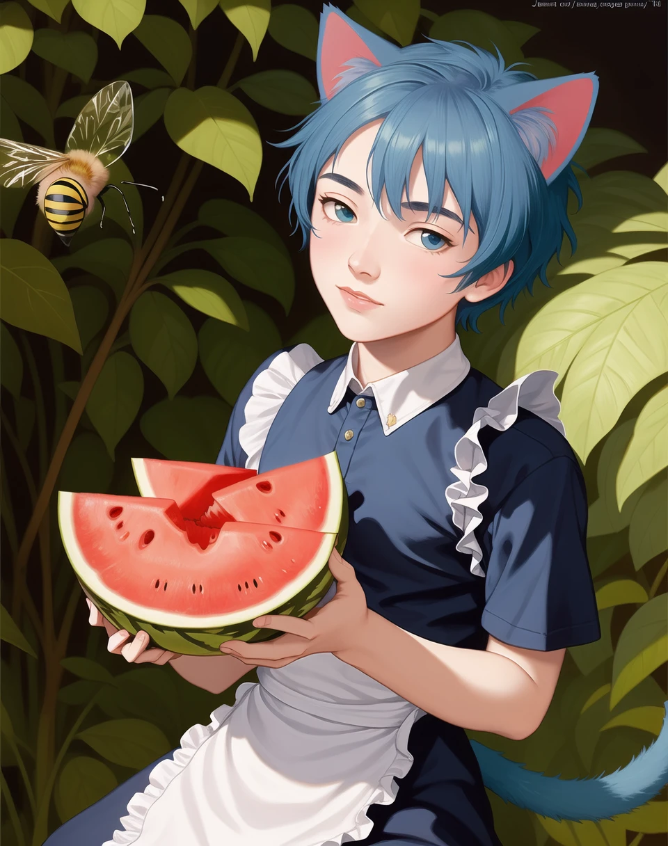 1boy, beautiful, masterpiece, best quality, sima, cat ears, blue skin color, blue hair, shirt, tail, <lora:my_sima_v1:0.4>, maid dress, holding watermelon, multiple bees, by Jeremy Lipking, by William Bouguereau, (by Alphonse Mucha:0.5),