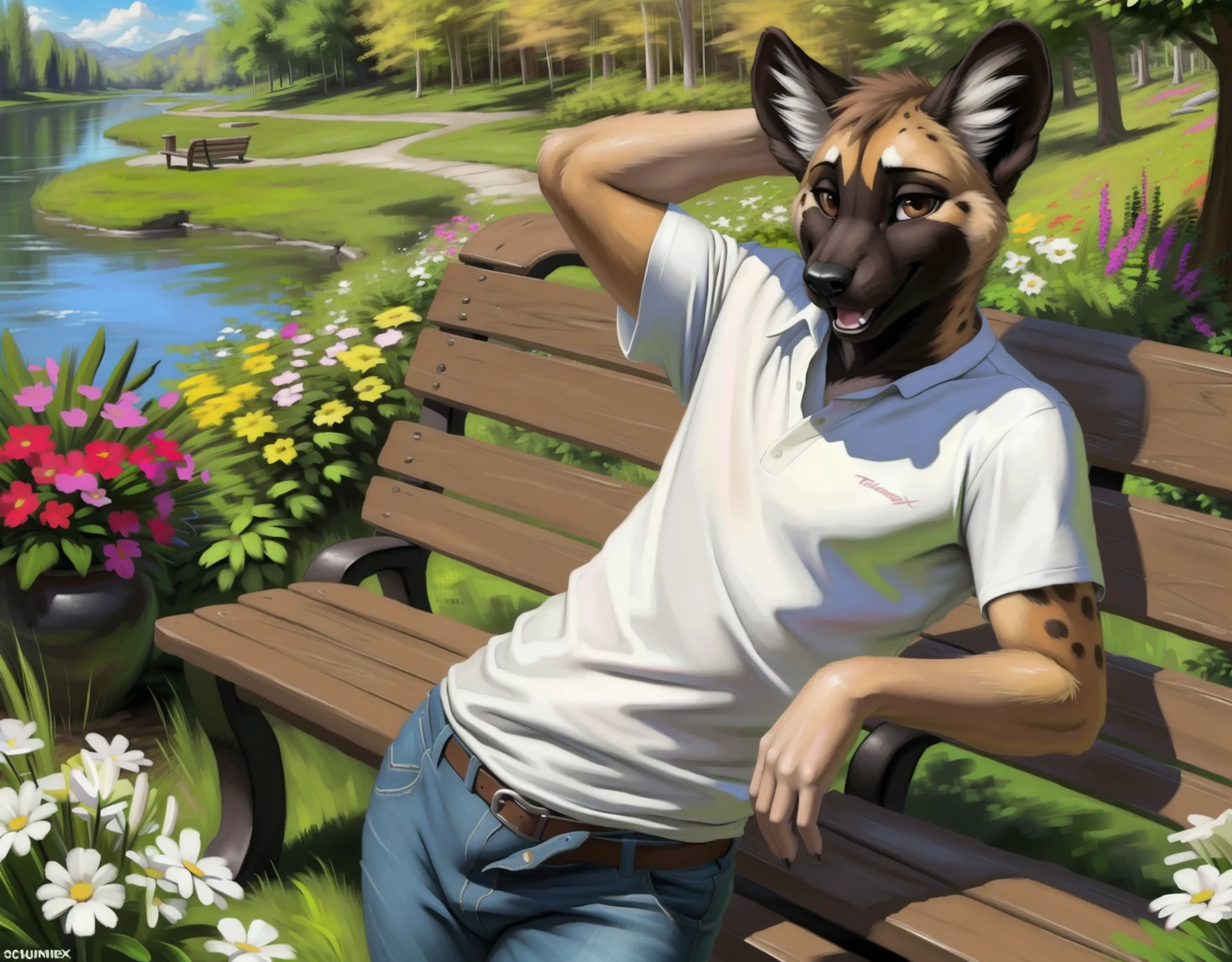 anthro, hyena:1.25, hands_on_thighs, outside, garden, detailed_background, lake, flowers, bench, standing, pose, happy, smiling, brown_eyes,
(by chunie:0.7, by truegrave9, by fluffx, by sigma_x, by nuzzo), (looking_pleasured), brown_eyes, pupils,
(looking_at_viewer, clothed, pants, shirt, male):1.75