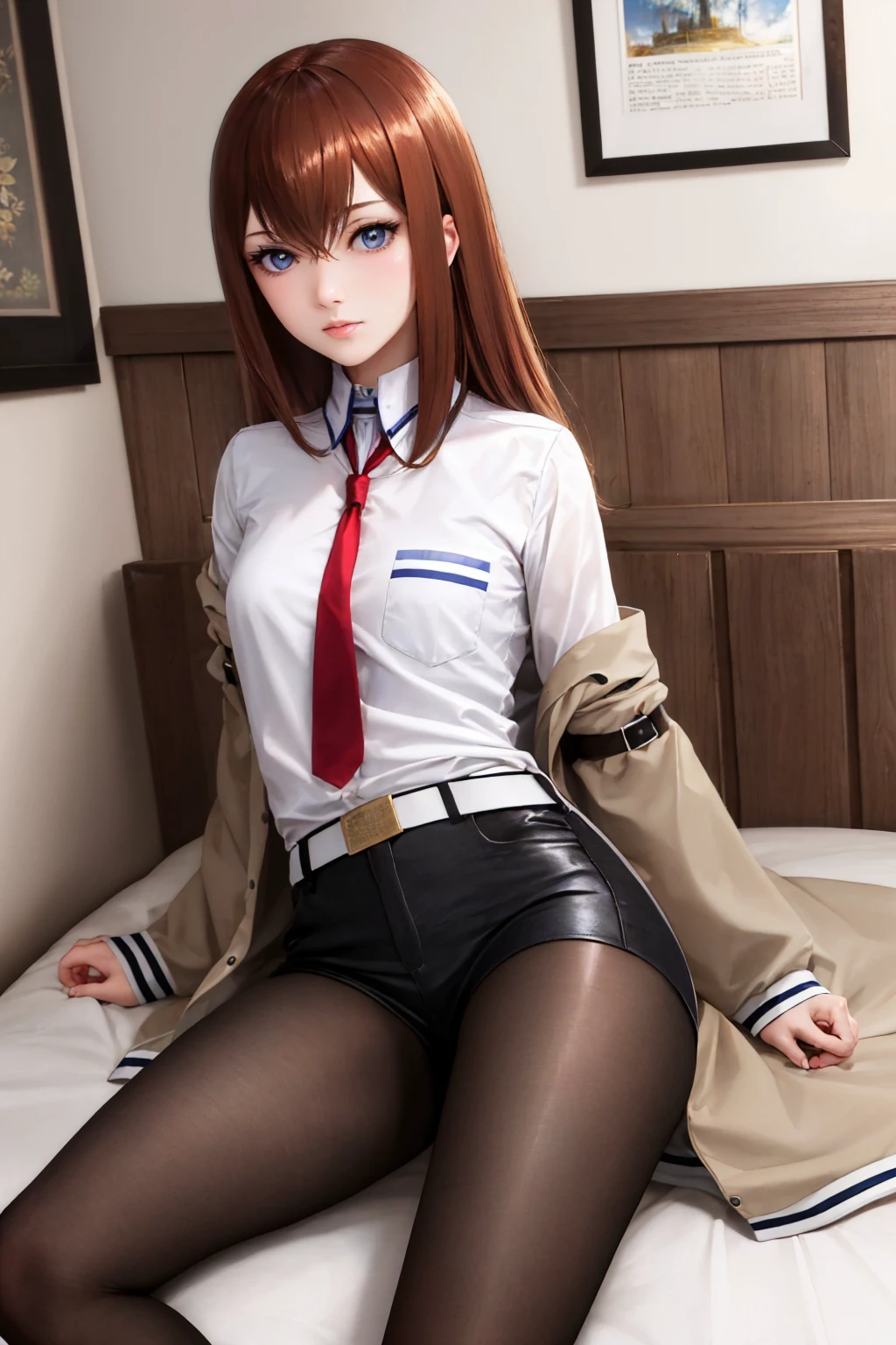 (masterpiece, best quality:1.2), solo, 1girl, makise kurisu, expressionless, looking at viewer, jacket, off shoulder, collared shirt, red necktie, black shorts, pantyhose, legwear under shorts <lora:steinsgate_makise:1.0>