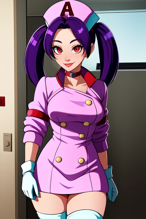 Alice,twintails,red eyes,purple hair, smirk,
white gloves, pink jacket, nurse cap with letter A,white thighhighs,
choker,white, cropped jacket,jacket,gloves,skirt,
upper body, smile, standing,
hospital room.
(insanely detailed, beautiful detailed face, masterpiece, best quality) <lora:AliceBR2:0.7>