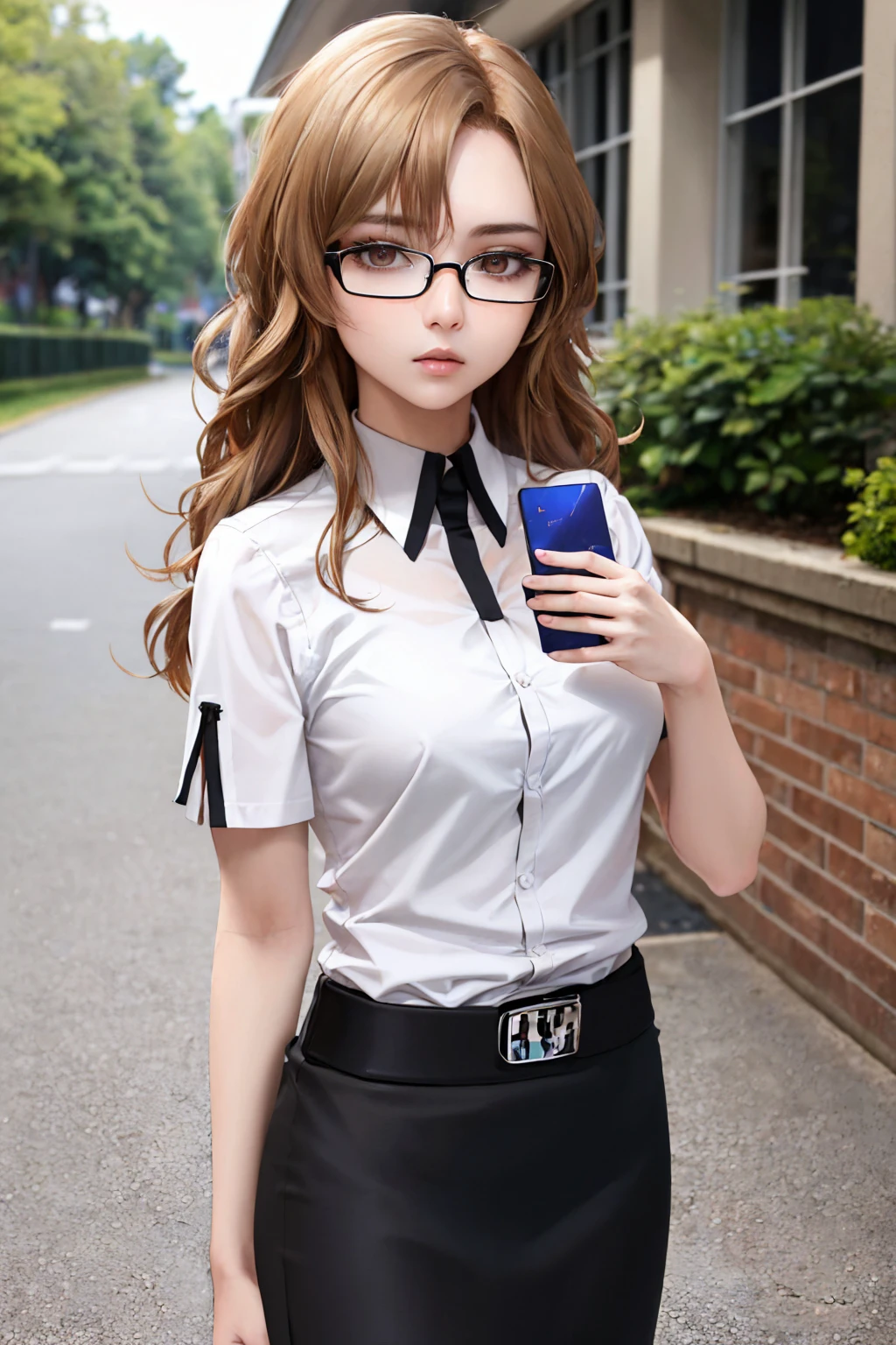 (masterpiece, best quality:1.2), cowboy shot, solo, 1girl, kiryu moeka, expressionless, looking at viewer, holding, cellphone, glasses, white shirt, collared shirt, short sleeves, pencil skirt, sidewalk <lora:steinsgate_kiryu:1.0>