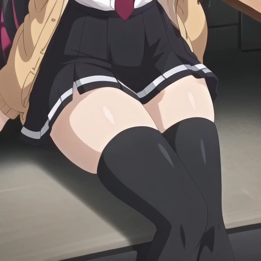 1girl kaori saeki,  Spaghetti Straps、Black vest、Red tie、Red Skirt、Black knee socks, classroom, Cowboy Shot, (Conceit:0.3), View your viewers, Focus Only、Sit on a chair with your legs apart、Voluptuous thighs、Big 、Big ass、White panties、White bra、A Seductive Smile