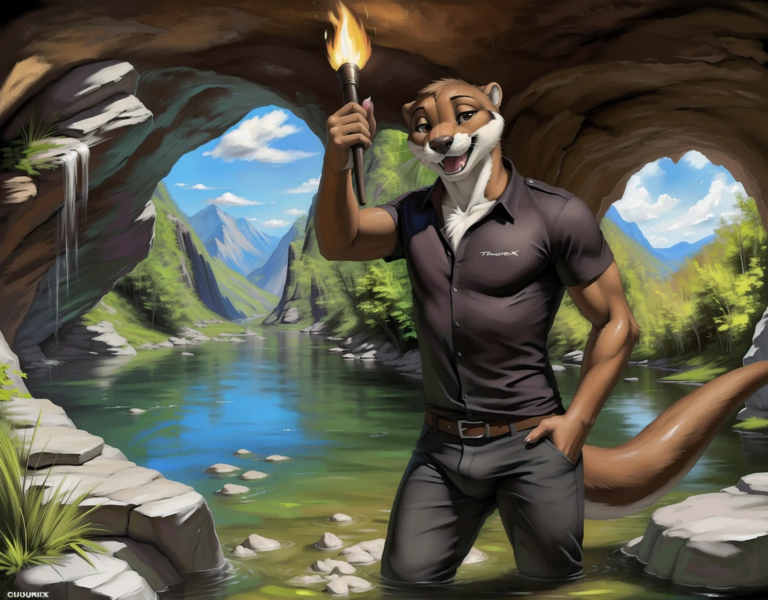 anthro, (mustelid, otter):1.25, hands_on_thighs,  detailed_background, standing, pose, happy, smiling,
(by chunie:0.7, by truegrave9, by fluffx, by sigma_x, by nuzzo), brown_eyes, pupils,
explorer, cave, lake, partially_submerged, torch, looking_away, cavern,
(looking_at_viewer, clothed, pants, shirt, male):1.75