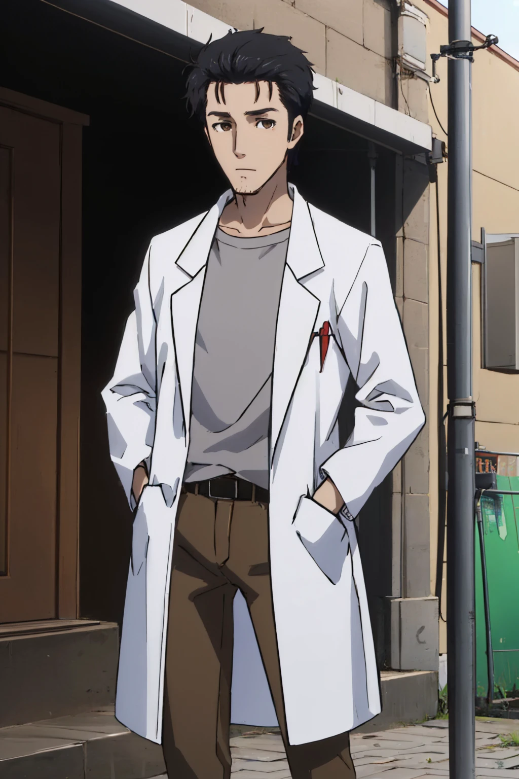 (masterpiece, best quality:1.2), solo, male focus, 1boy, okabe rintaro, expressionless, closed mouth, hands in pockets, labcoat, shirt, brown pants <lora:steinsgate_okabe:0.9>