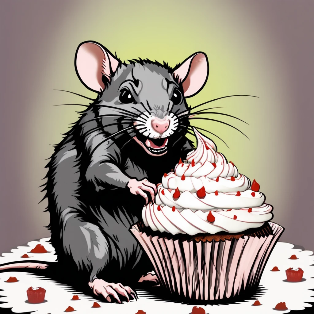 Angst, happy rat next to a delicious looking cupcake