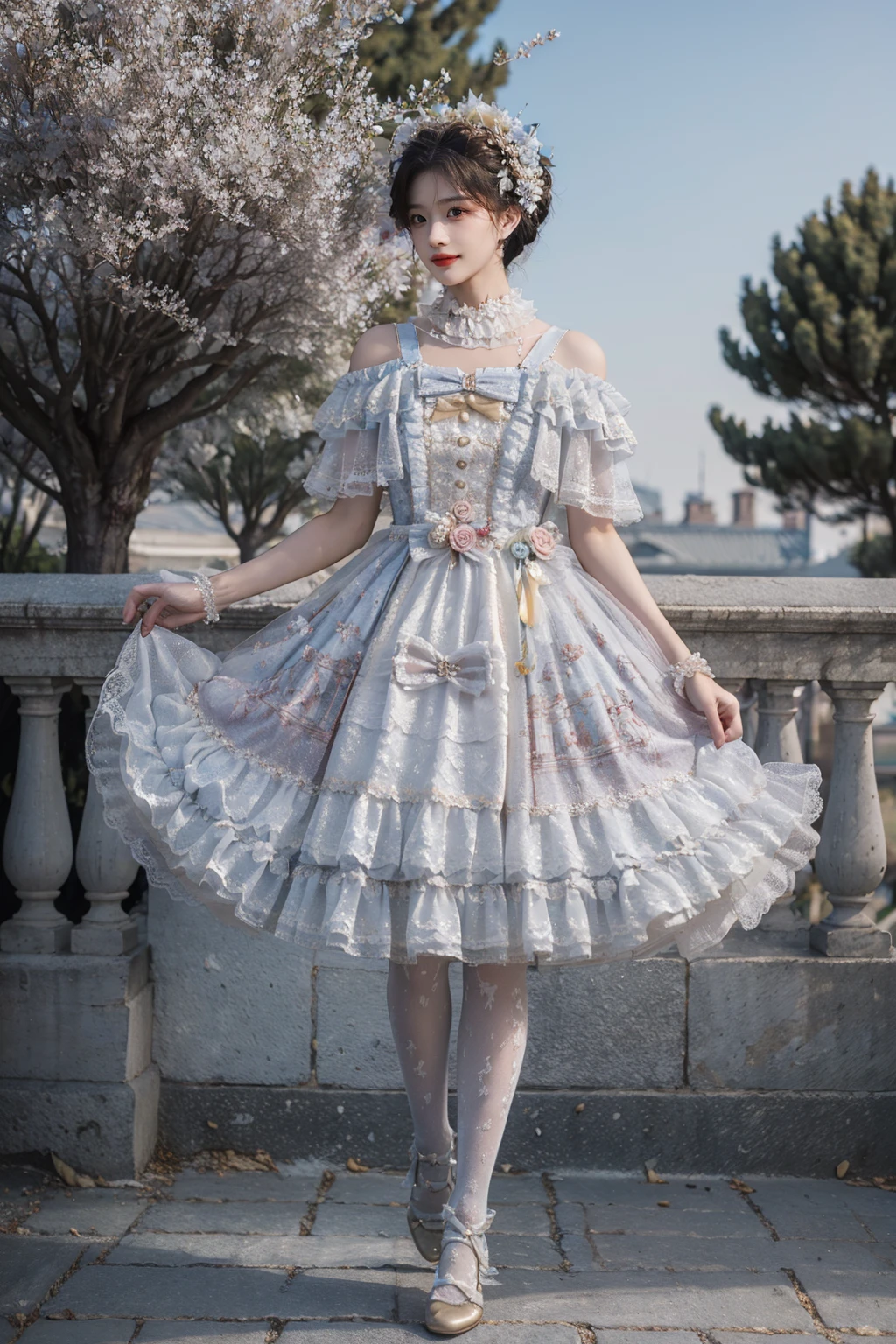 realistic, photorealistic, masterpiece, absurdres, extremely detailed, best quality, lo_dress, frilled dress, white pantyhose, 1girl, solo, long black hair, bangs, (looking at viewer:1.2), full body, standing, detailed background, in garden, palace, flower, tree, luxury decorations, sunshine, <lora:lo_dress_vol2_style3_v2:0.7>