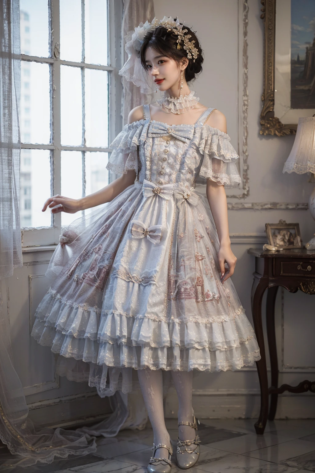 realistic, photorealistic, masterpiece, absurdres, extremely detailed, best quality, lo_dress, frilled dress, white pantyhose, 1girl, solo, long black hair, bangs, (looking at viewer:1.2), full body, standing, detailed background, indoors, palace, luxury decorations, window, sunshine, <lora:lo_dress_vol2_style3_v2:0.7>