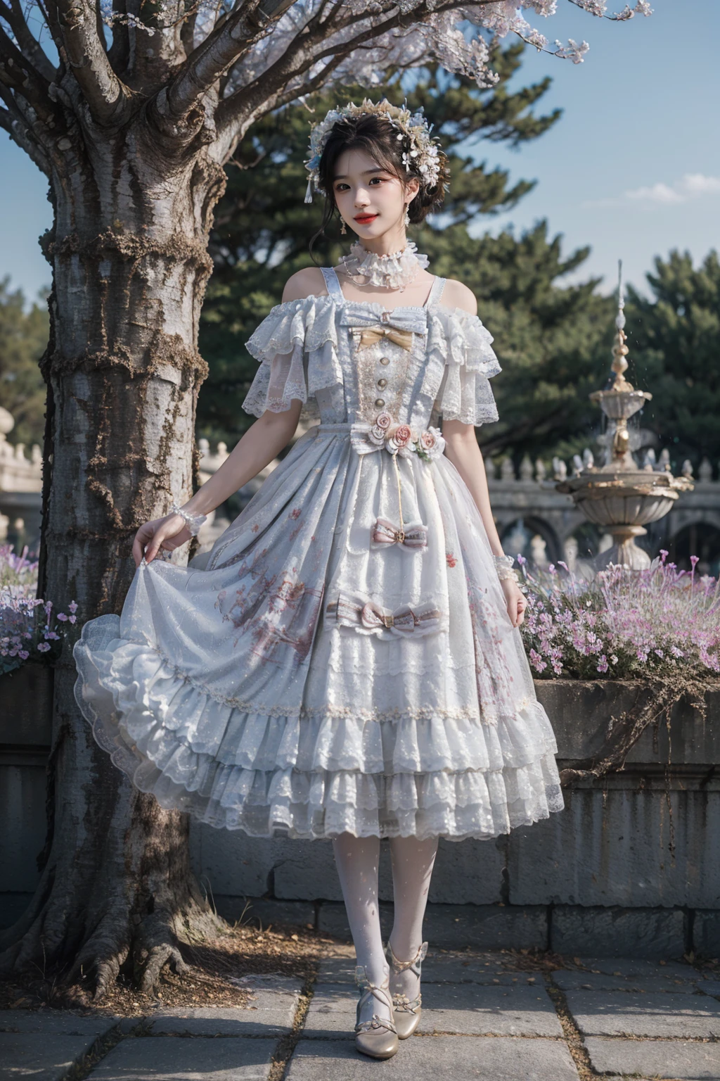realistic, photorealistic, masterpiece, absurdres, extremely detailed, best quality, lo_dress, frilled dress, white pantyhose, 1girl, solo, long black hair, bangs, (looking at viewer:1.2), full body, standing, detailed background, in garden, palace, flower, tree, luxury decorations, sunshine, <lora:lo_dress_vol2_style3_v2:0.7>