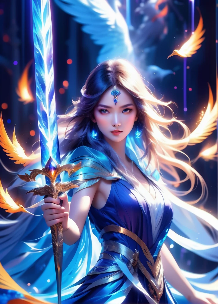 (mysterious:1.3), ultra-realistic mix fantasy, (giant eastern phoenix:1.2), asian woman holding a energy thunder sword,void thunder sword, in the style of dark azure and light azure, mixes realistic and fantastical elements, vibrant manga, uhd image, glassy translucence, vibrant illustrations, ultra realistic, long hair, straight hair, white hair,head jewelly, jewelly,light In eyes, red eyes, portrait, firefly, bokeh, fantasy, colorful waterfall, flame, very detailed, high resolution, sharp, sharp image, 4k, 8k, masterpiece, best quality, magic effect, (high contrast:1.4), dream art, diamond, skin detail, face detail, eyes detail, mysterious colorful background, dark blue themes
