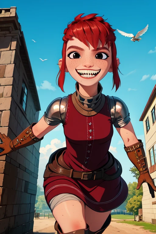 Nimona, black eyes, smiling, short hair, sidelocks, sharp teeth,
NimSuit,armor,bandages,gloves ,dress,brown footwear,
outdoors, cowboy shot,
(insanely detailed, beautiful detailed face, masterpiece, best quality) <lora:Nimona-10 v3:0.7>