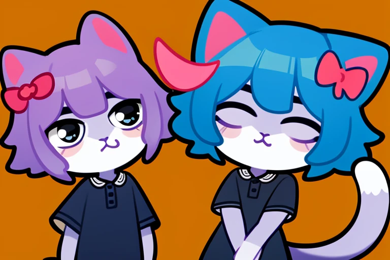 masterpiece, highest quality, cowboy shot, best quality, (1boy:1.2), 1girl, chibi, (kiss:1.1),
sima, cat ears, blue skin color, blue hair, shirt, tail, <lora:my_sima_v1:0.4>
masunya, cat ears, (purple skin color:1.1), (hair bow:1.1), dress, tail, <lora:my_LoRA_masunya_v3:0.5>