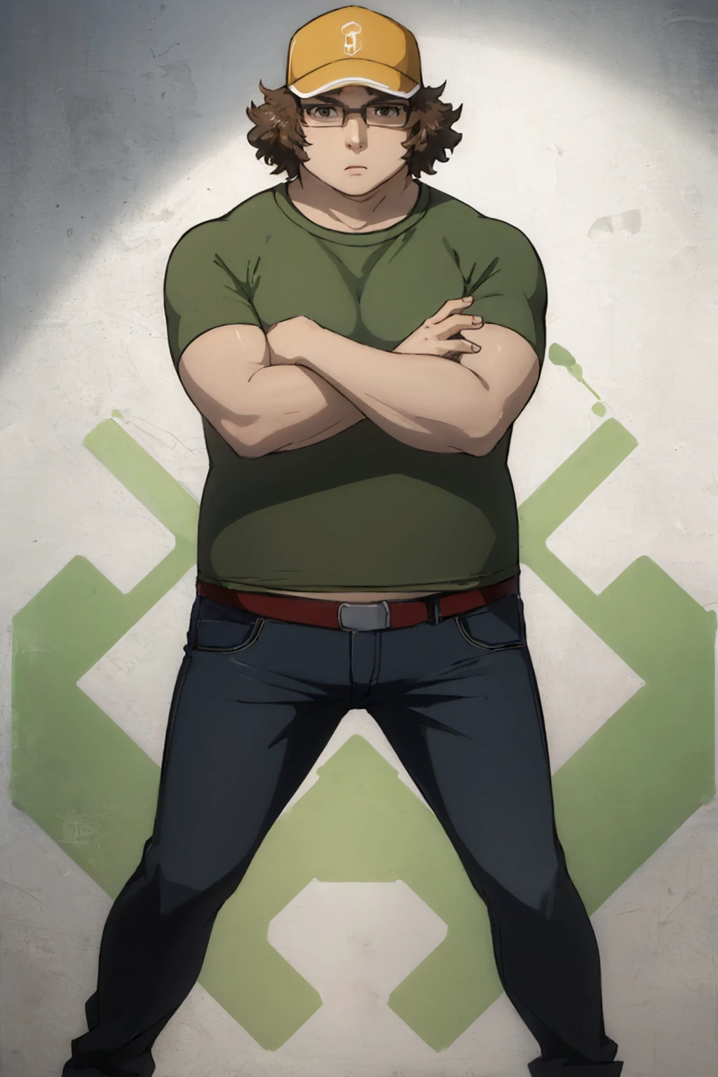 (masterpiece, best quality:1.2), solo, male focus, 1boy, expressionless, looking at viewer, crossed arms, hashida itaru, baseball cap, glasses, green shirt, pants <lora:steinsgate_hashida:0.9>