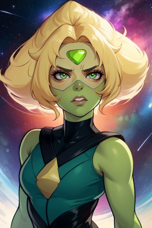 Peridot,green skin,forehead jewel, green eyes,blonde hair,
leotard, head shades. 
serious,  
 solo, upper body,    cowboy shot,  standing, 
stars, space,  milky way,
 (insanely detailed, beautiful detailed face,masterpiece, best quality)  <lora:Peridot:0.8>
