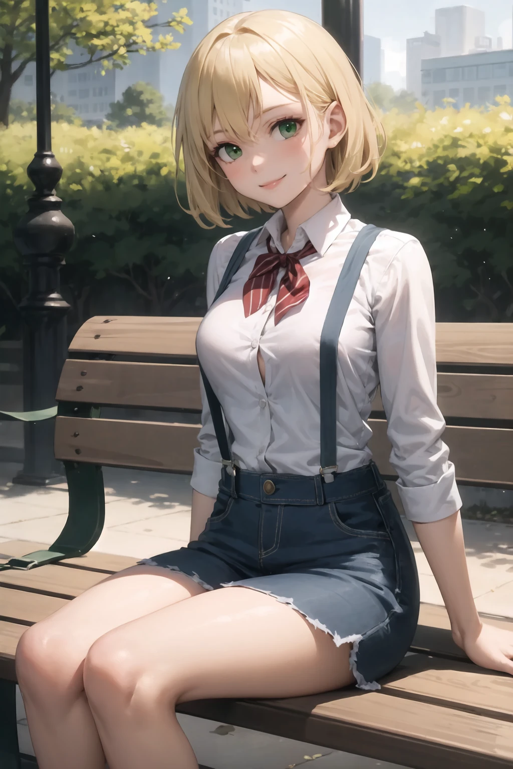 masterpiece, best quality, 1girl, short blonde hair, green eyes, park, bench, shirt, jean skirt, suspenders, smile