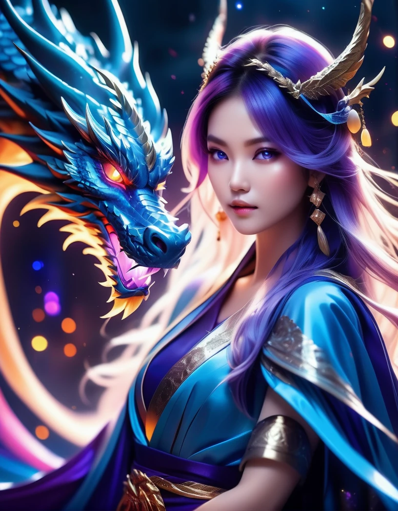 (mysterious:1.3), ultra-realistic mix fantasy, giant eastern dragon, asian woman holding a glowing sword,void energy thunder sword, in the style of dark azure and light azure, mixes realistic and fantastical elements, vibrant manga, uhd image, glassy translucence, vibrant illustrations, ultra realistic, long hair, straight hair, light purple hair,head jewelly, jewelly, shawls,light In eyes, red eyes, portrait, firefly, bokeh, mysterious, fantasy, cloud, abstract, colorful background, night sky, flame, very detailed, high resolution, sharp, sharp image, 4k, 8k, masterpiece, best quality, magic effect, (high contrast:1.4), dream art, diamond, skin detail, face detail, eyes detail, mysterious colorful background, dark blue themes