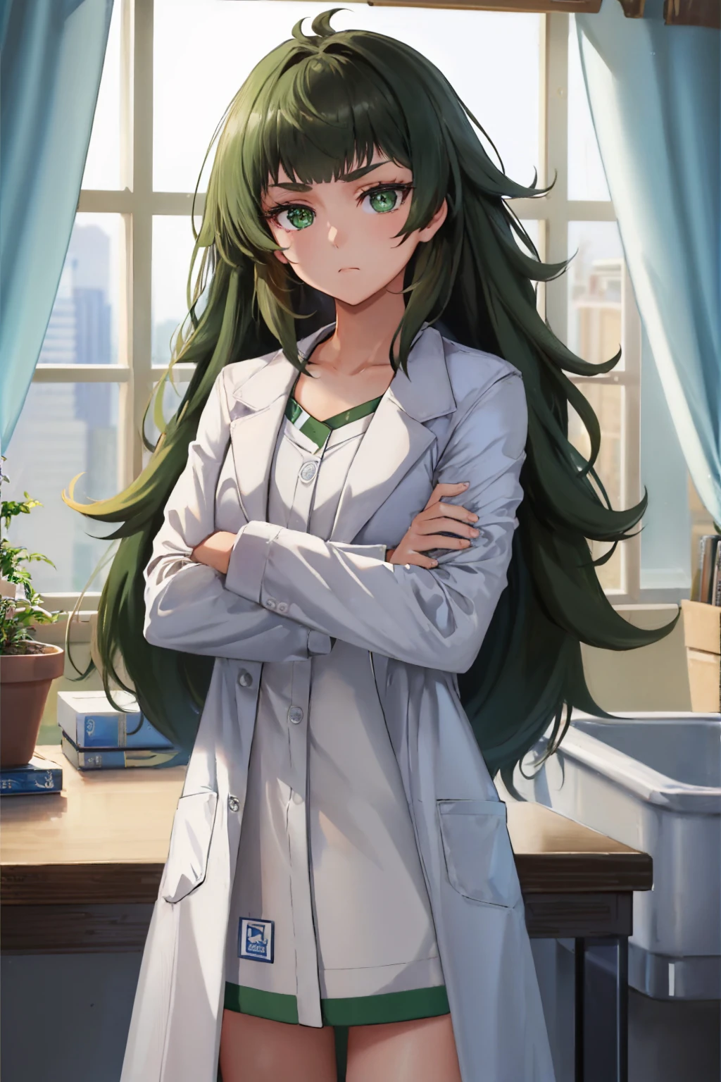 (masterpiece, best quality:1.2), cowboy shot, solo, 1girl, hiyajo maho, serious, closed mouth, looking at viewer, crossed arms, green hair, labcoat, white shirt, bottomless <lora:steinsgate_hiyajo:1.0>