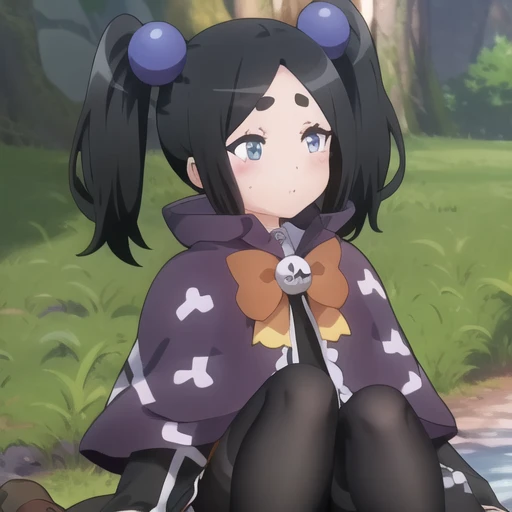 (masterpiece, best quality:1.2),illustration,8k,hd,1girl,solo,parted_bangs,blue_eyes,black_hair,hair_ornament,bow,twintails,bowtie,capelet,hair_bobbles,orange_bow,long_sleeves,dress,black_pantyhose,black_footwear,capelet,thick_eyebrows,short_eyebrows,frills,two_side_up,belt,<lora:Toxico Dannar-V1:1>,