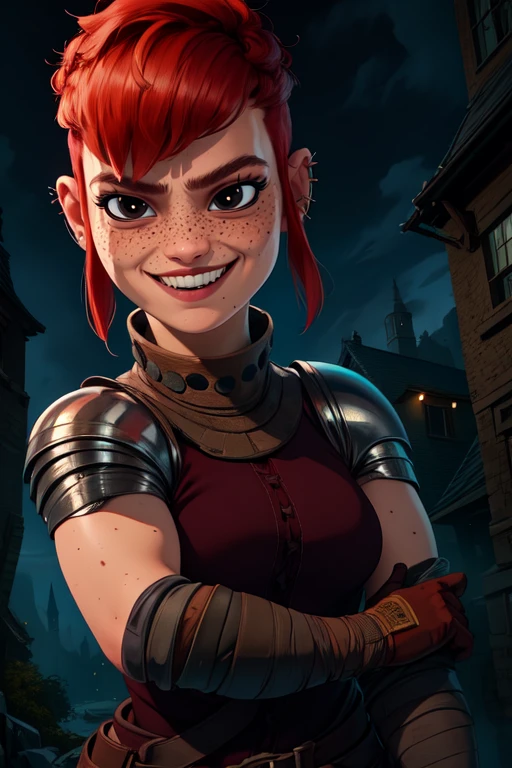 Nimona, short red hair, freckles, sidelocks,black eyes, upper body, smiling, mouth open,
NimSuit,ear piercing,armor,bandages,gloves ,dress,brown footwear, nighttime, barracks,
(insanely detailed, beautiful detailed face, masterpiece, best quality) <lora:Nimona-10 v3:0.7>